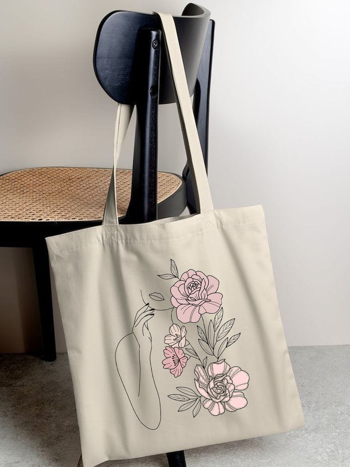 COLOUR FLOWER FACE LEAF OUTLINE TOTE BAG BEIGE