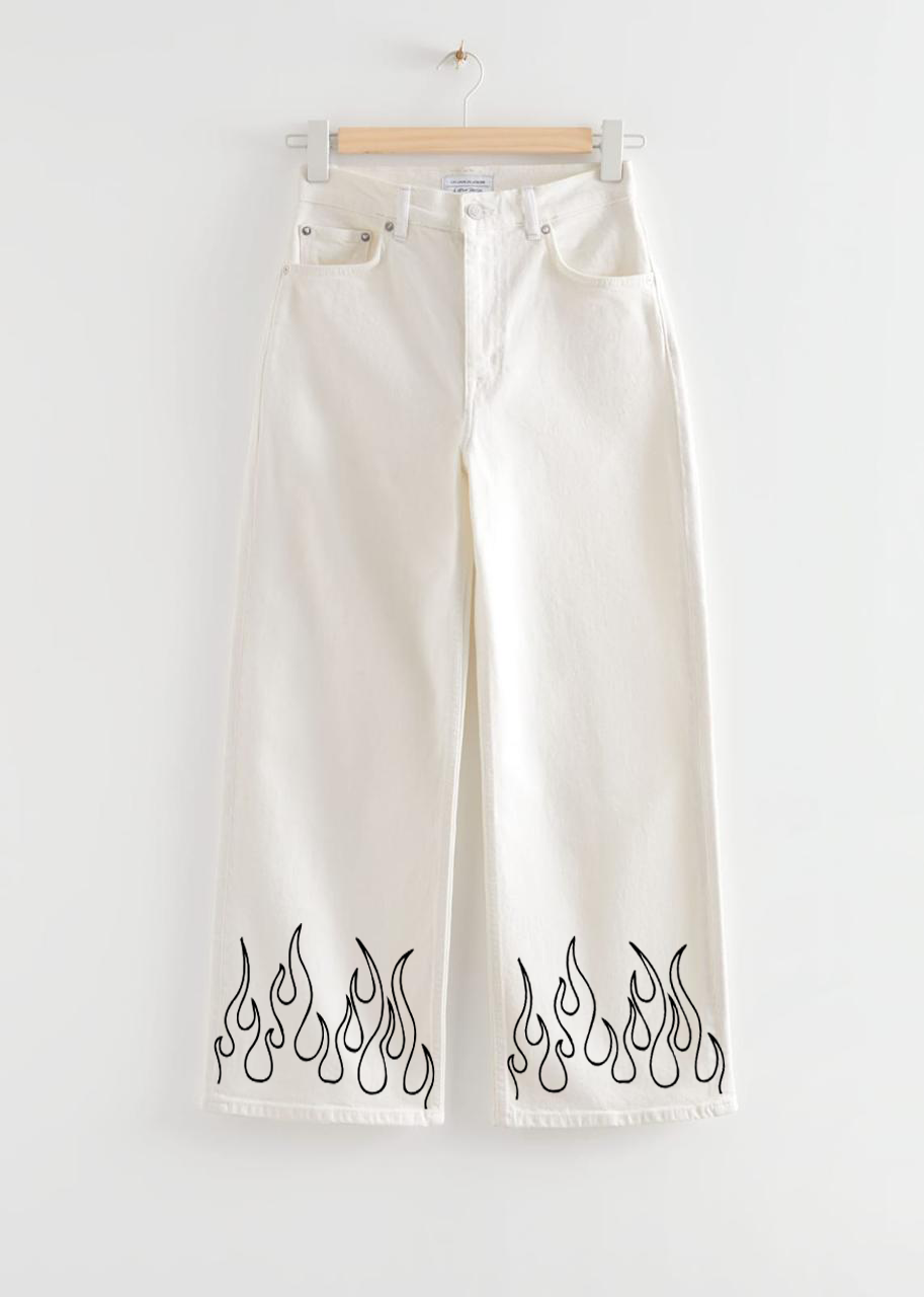 WHITE WIDE LEG JEANS FLAMES