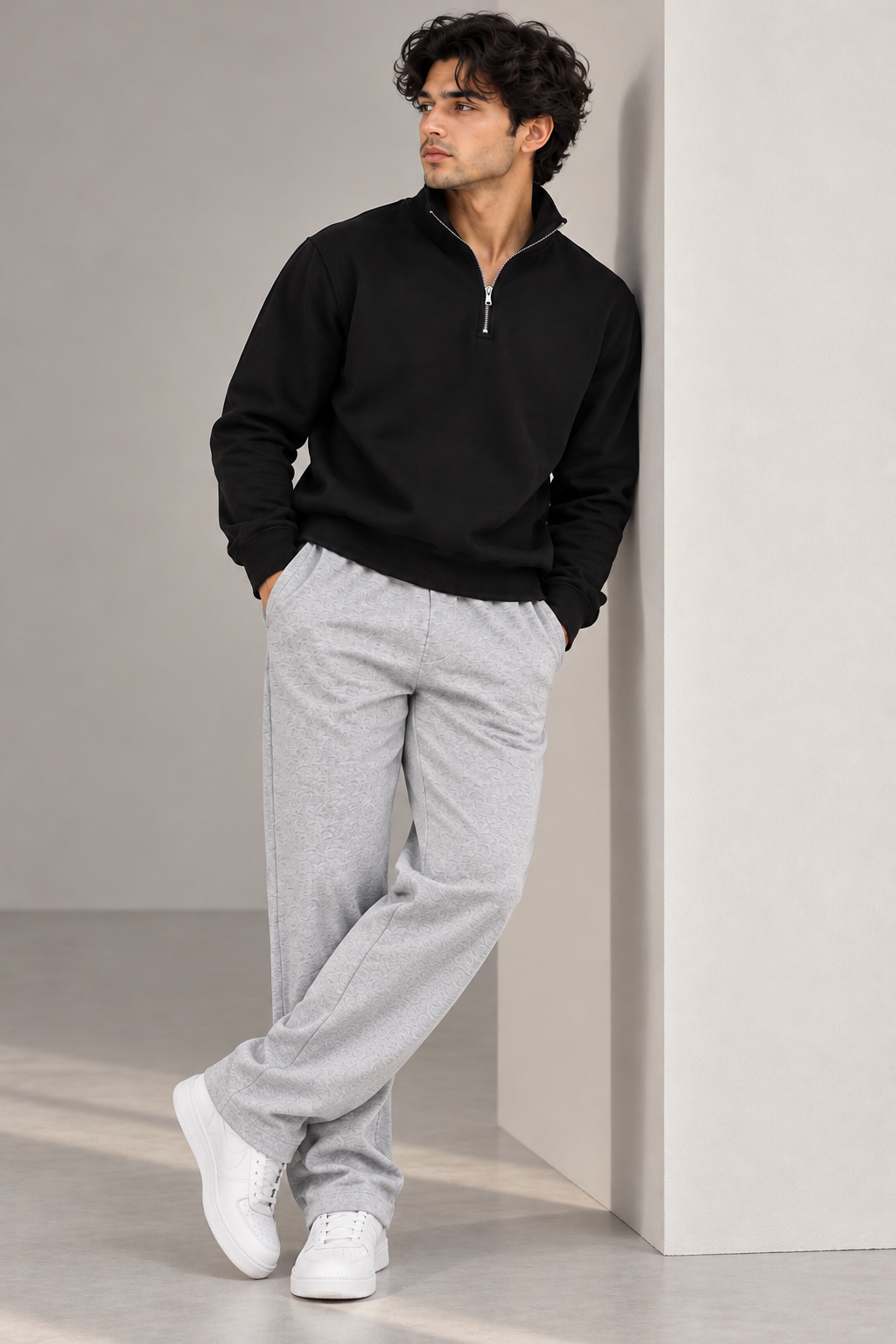 Basic Quarter Zip Sweatpant Co Ord Black - H.Grey