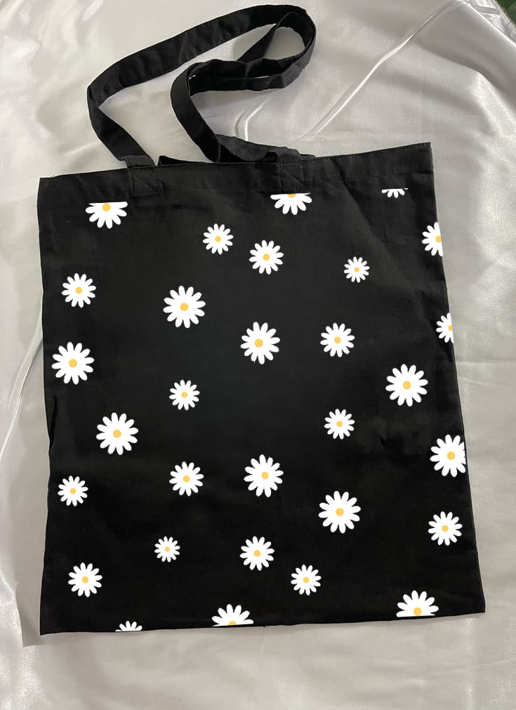DAISY FLOWER ALL OVER TOTE BAG BLACK
