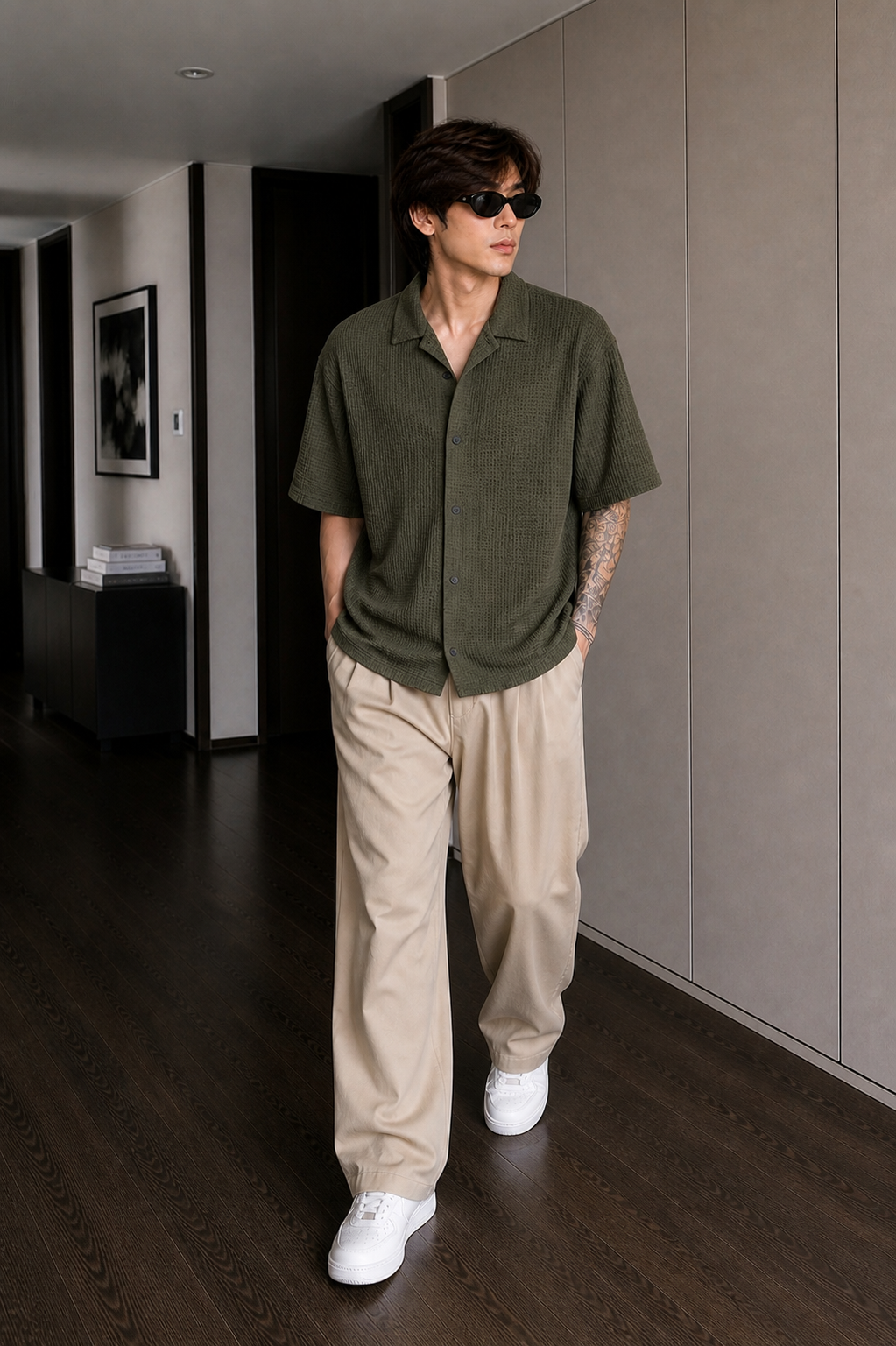 Olive Waffle Knit Button Down Shirt