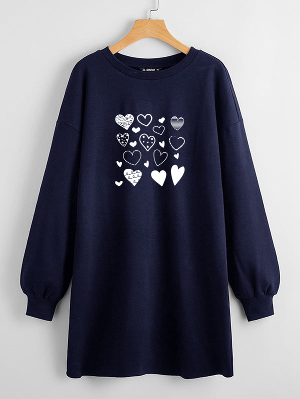 LONG LENGTH SWEATSHIRT NAVY BLUE SCRIBBLE HEARTS