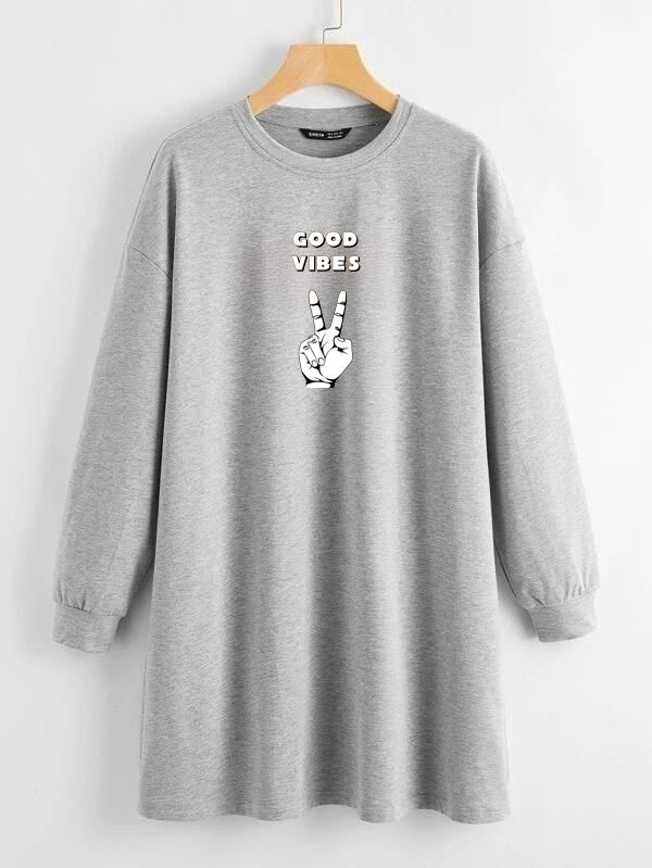 LONG LENGTH SWEATSHIRT GREY GOOD VIBES HAND