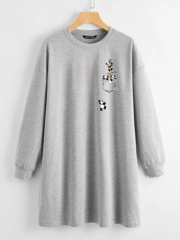 LONG LENGTH SWEATSHIRT GREY POCKET PANDAS