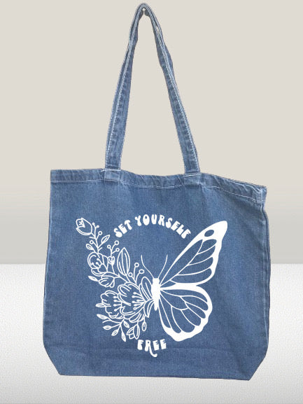 SET OURSELF FREE BUTTERFLY TOTE BAG DENIM