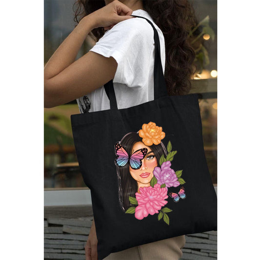 FACE BUTTERFLY FLOWER TOTE BAG BLACK