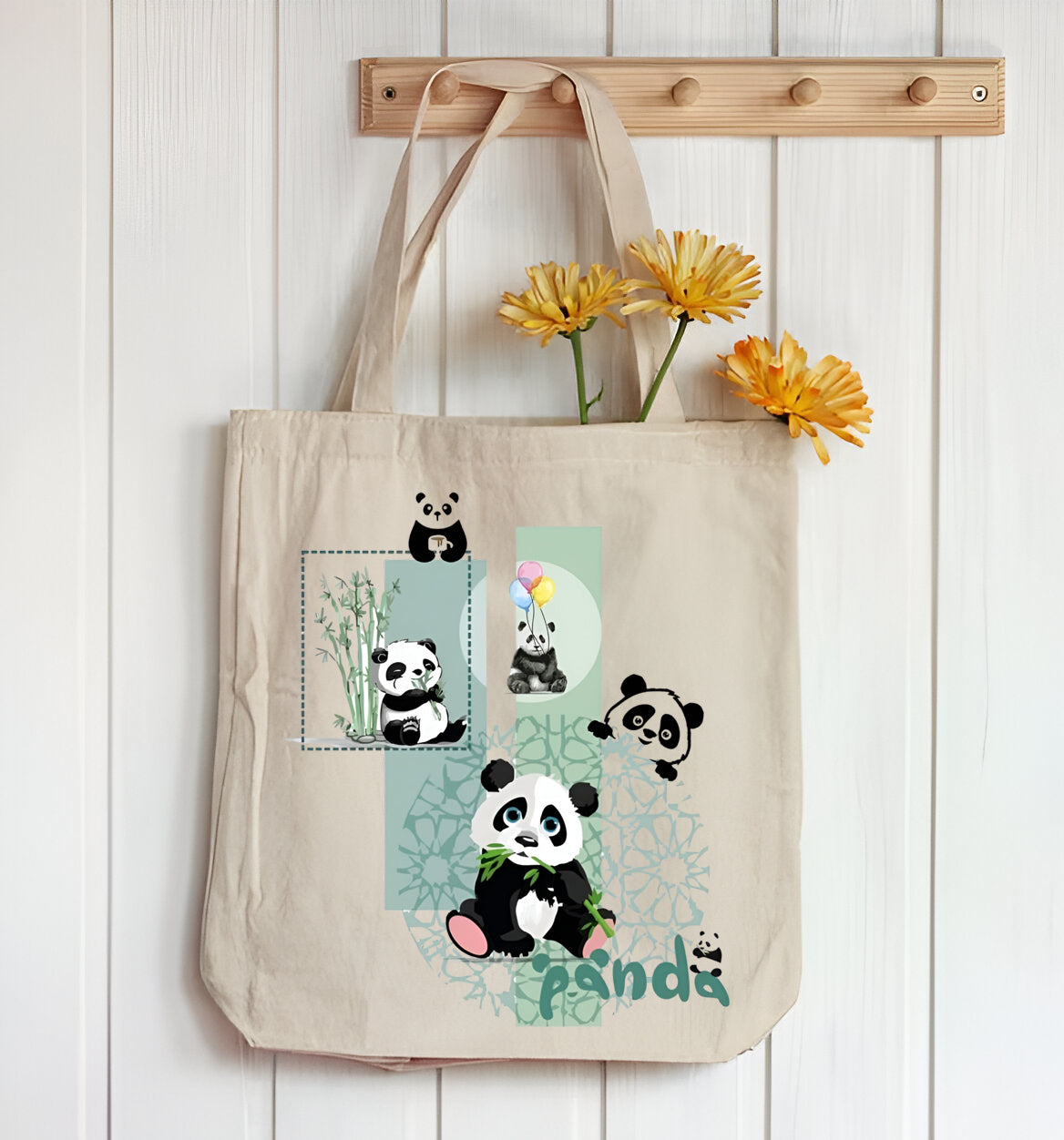 THREE PANDAS TOTE BAG BEIGE