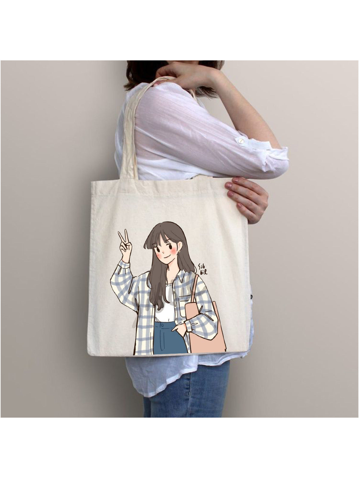CHECK SHIRT GIRL TOTE BAG BEIGE