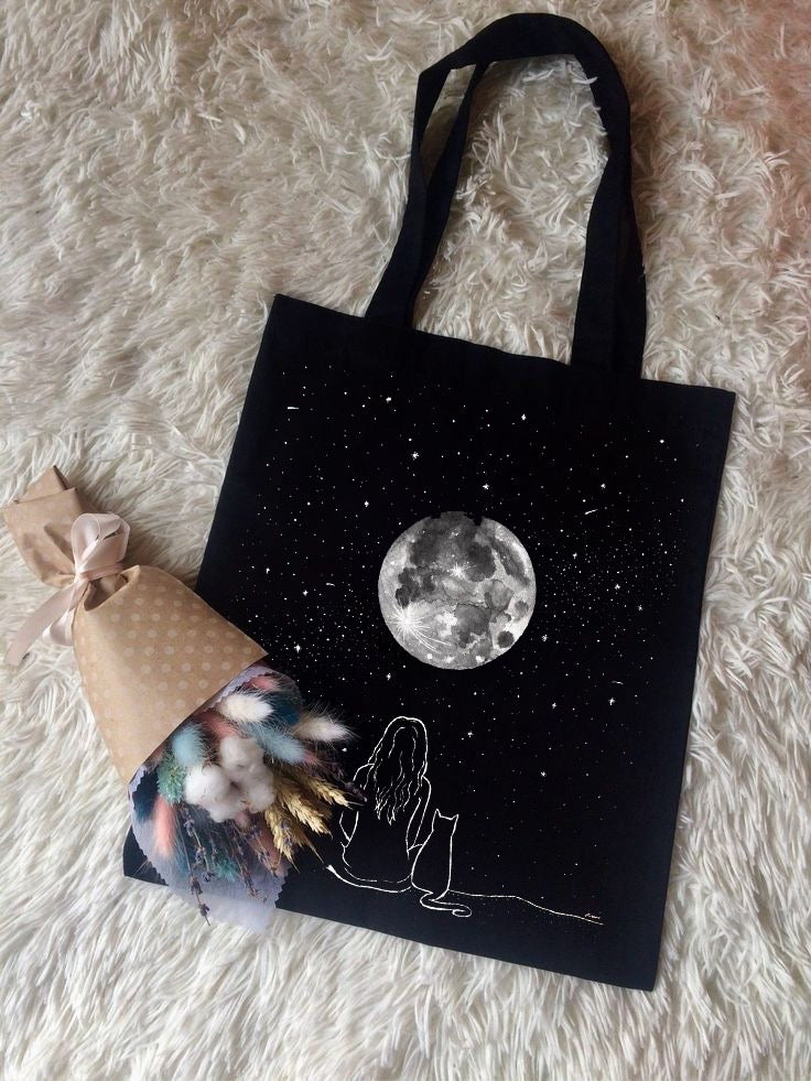 MOON GIRL CAT TOTE BAG BLACK