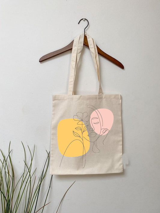 PINK YELLOW FACE FLOWER TOTE BAG BEIGE