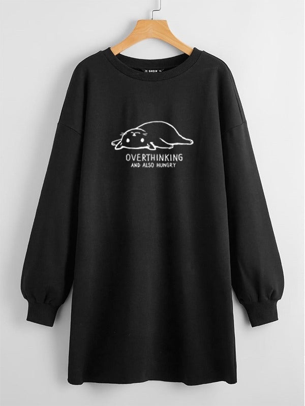 LONG LENGTH SWEATSHIRT BLACK OVERTHINKING AND HUNGRY