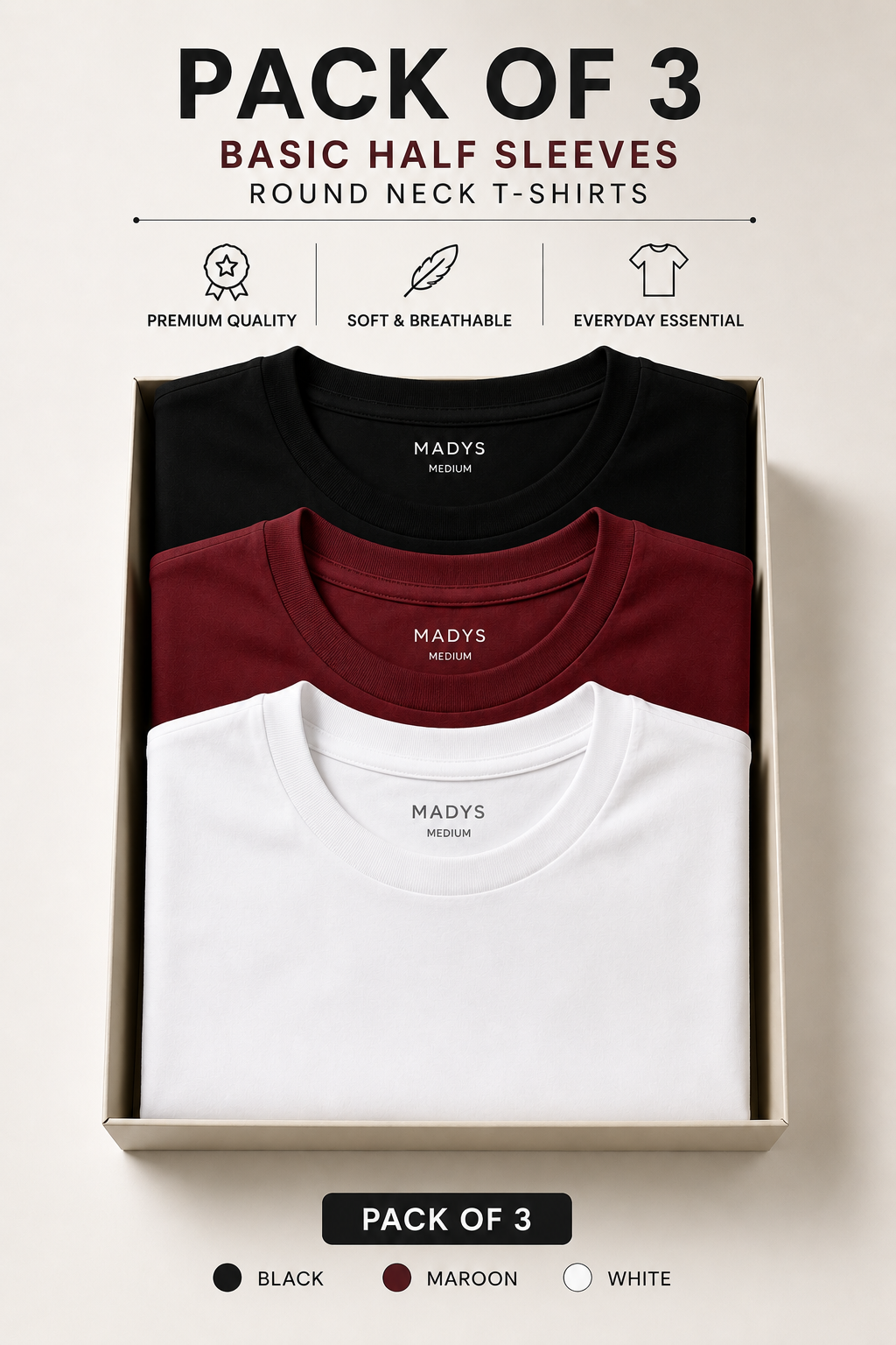 Pack Of Three Basic Halflseeves Tshirts Black - Maroon - White