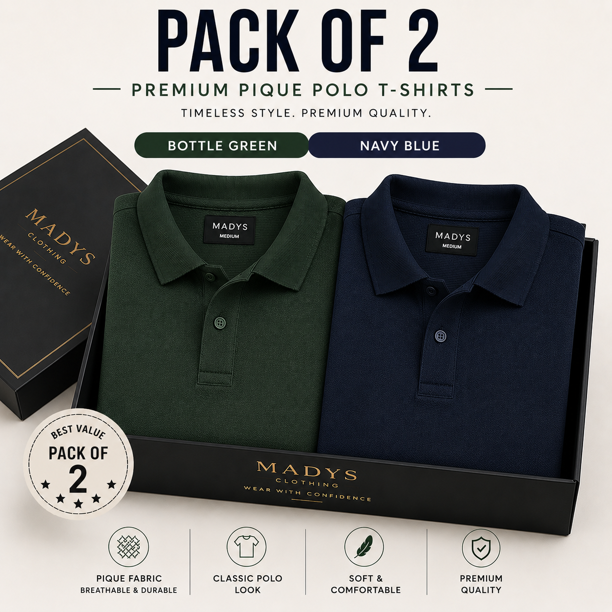 Pack Of Two Pique Polo Tshirts Bottle Green - Navy