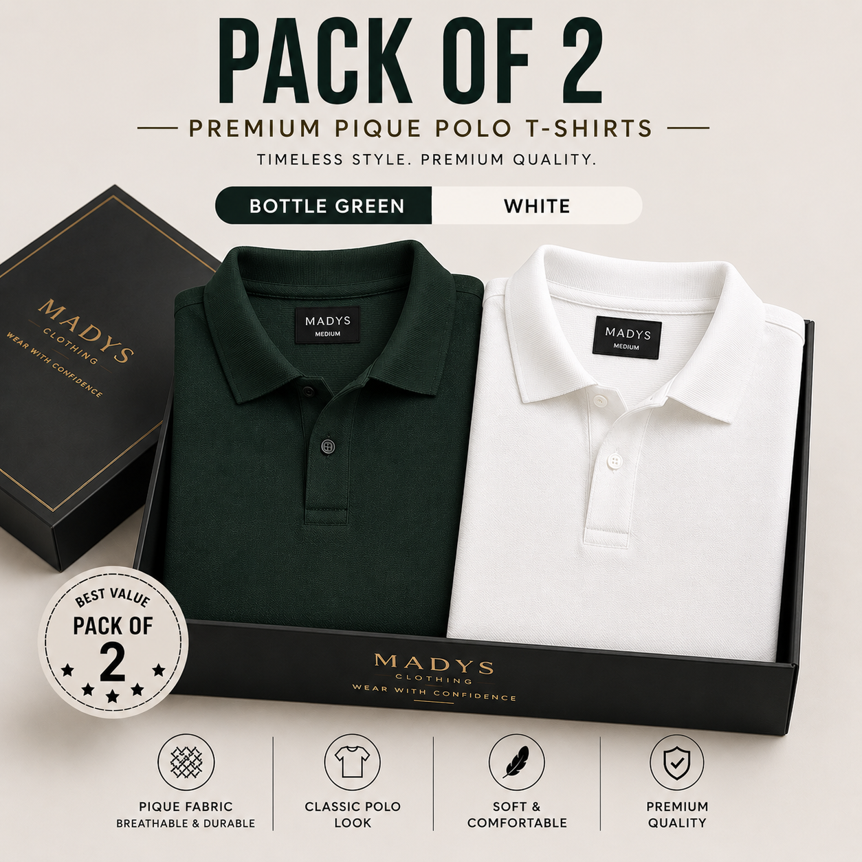 Pack Of Two Pique Polo Tshirts Bottle Green - White