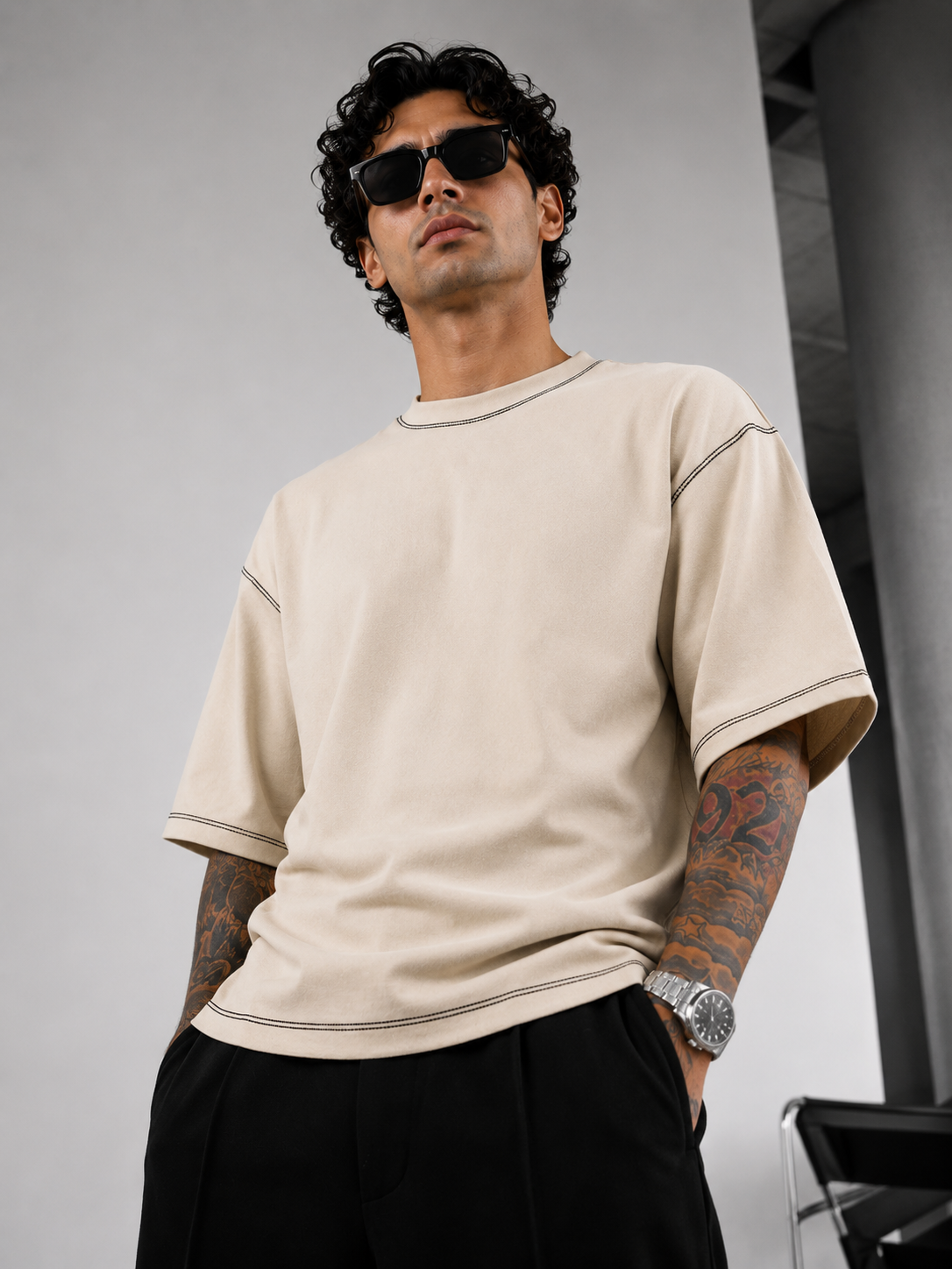 Contrast Thread T-Shirt Beige