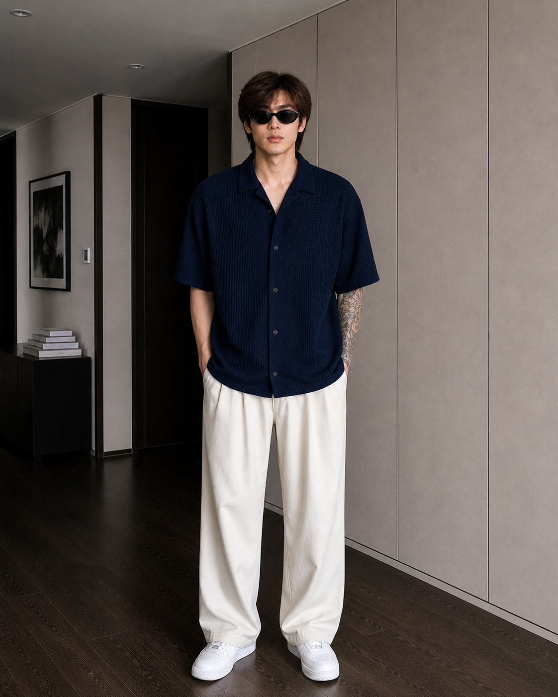 Navy Blue Waffle Knit Button Down Shirt