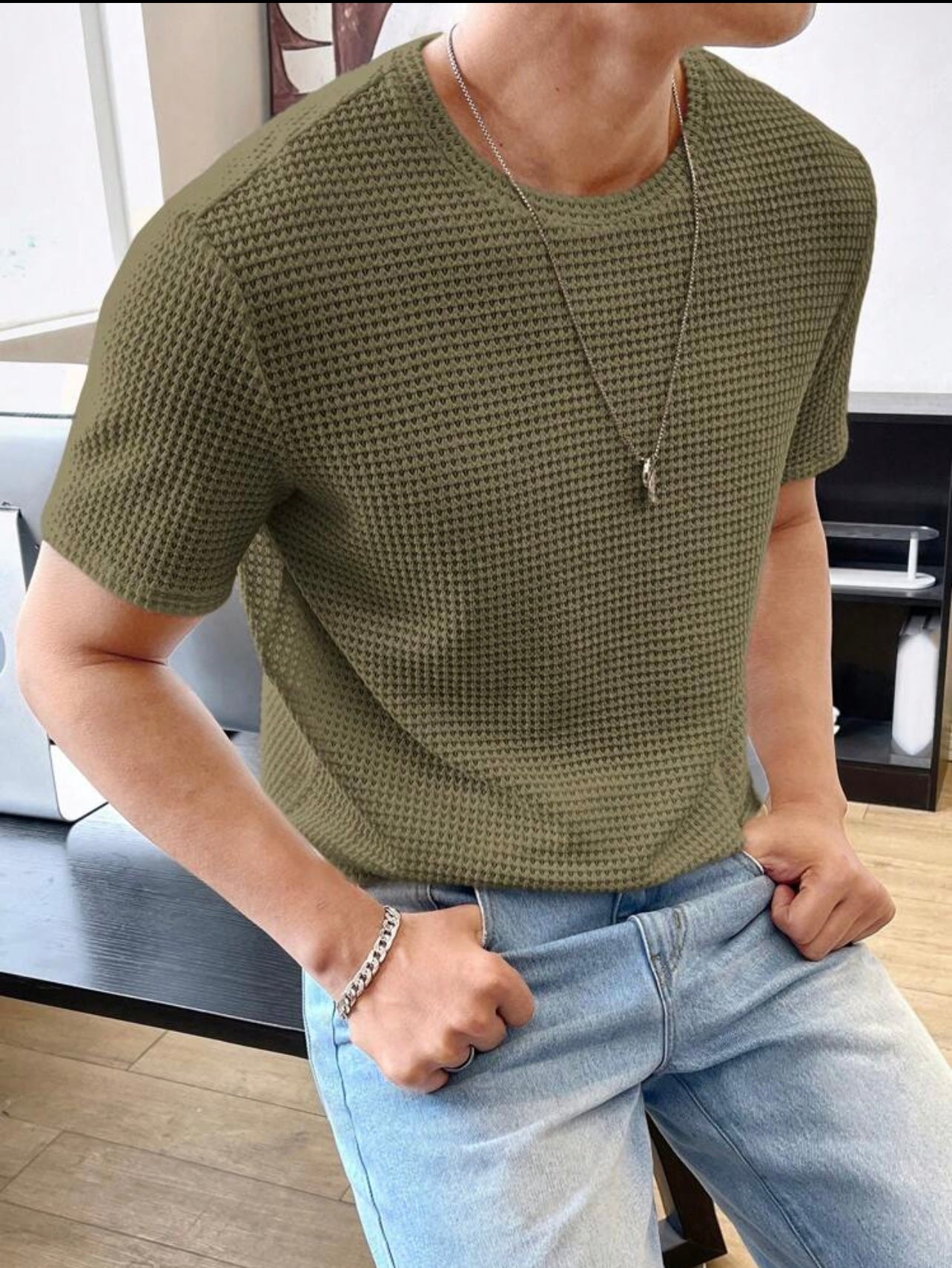 Waffle Knit Tshirt Olive Green