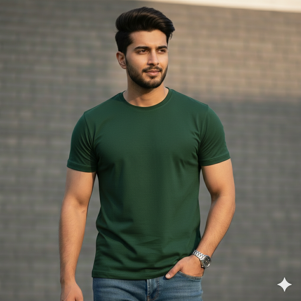 BASIC BOTTLE GREEN HALF SLEEVES TSHIRT