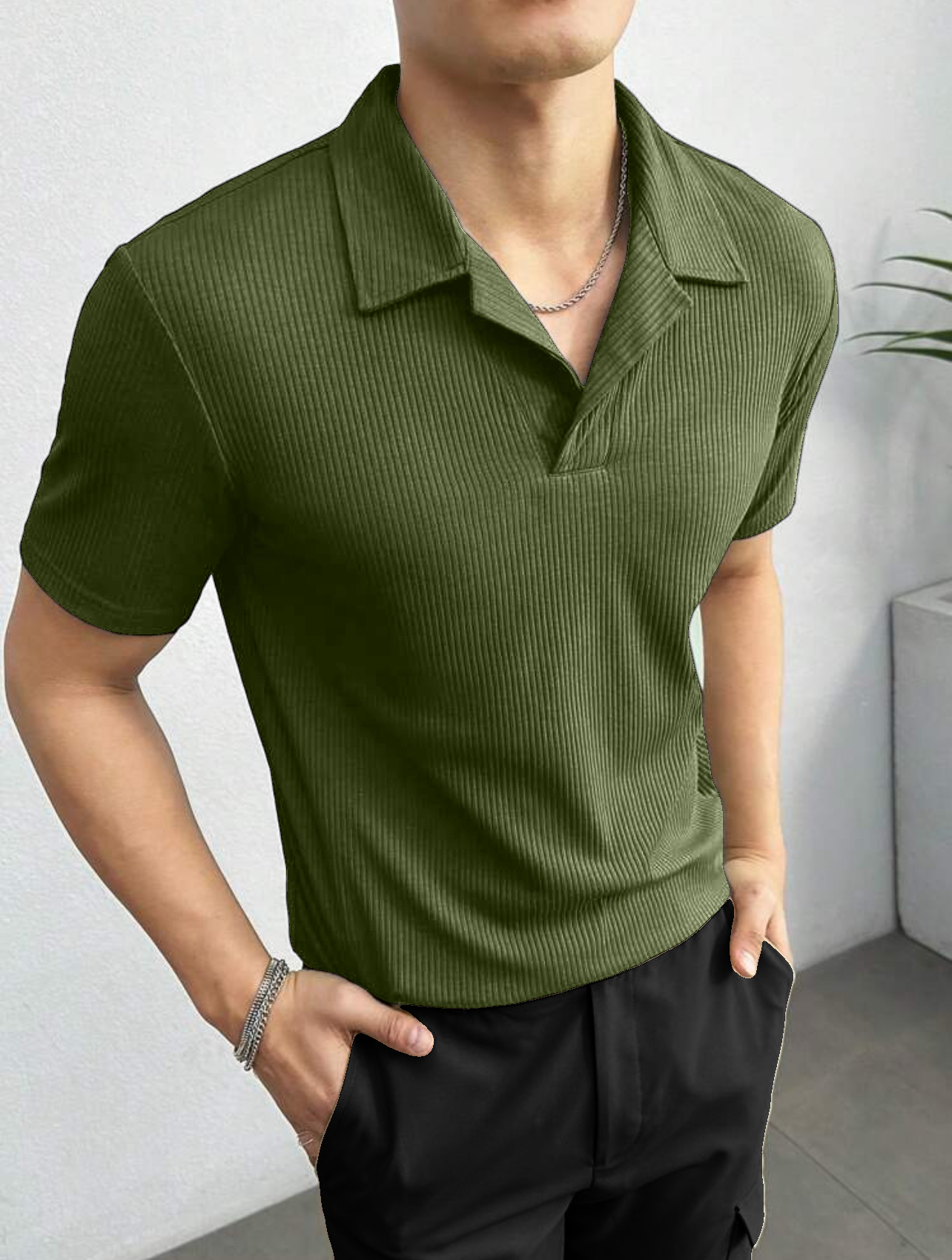 Polo Tshirt Waffle Knit Olive Green - Main Image