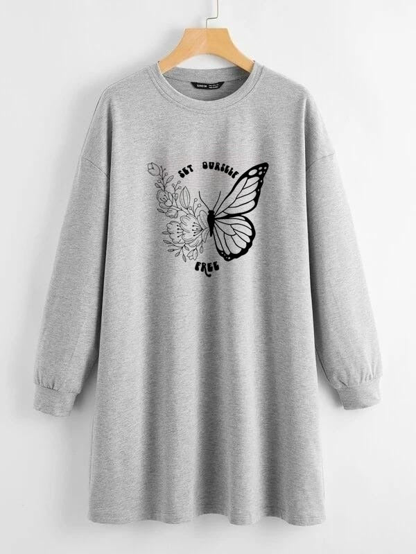 LONG LENGTH SWEATSHIRT GREY SET YOURSELF FREE BUTTERFLY