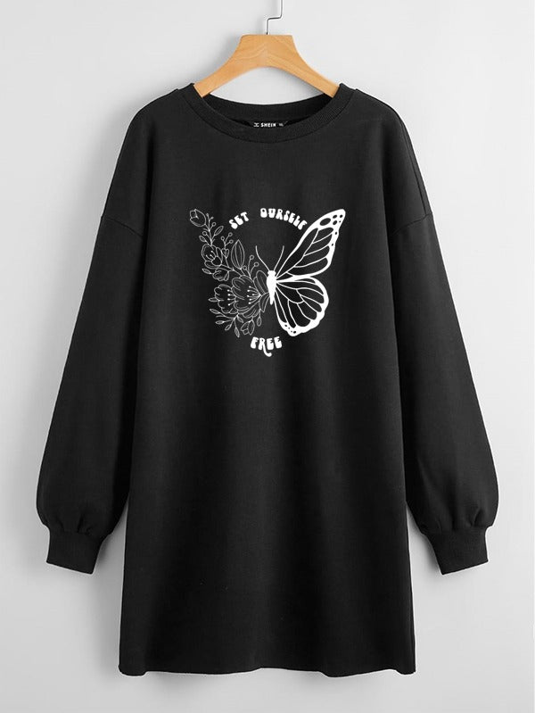 LONG LENGTH SWEATSHIRT BLACK SET YOURSELF FREE BUTTERFLY
