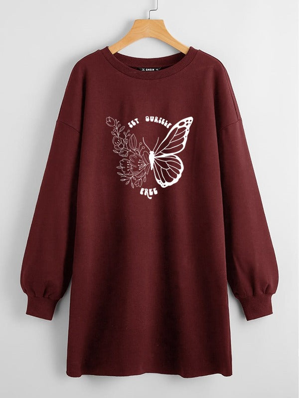LONG LENGTH SWEATSHIRT MAROON SET YOURSELF FREE BUTTERFLY