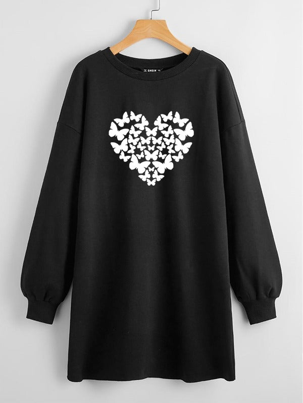 LONG LENGTH SWEATSHIRT BLACK BUTTERFLIES HEART