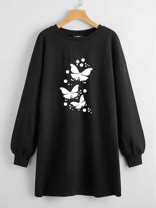 LONG LENGTH SWEATSHIRT BLACK DOT BUTTERFLIES