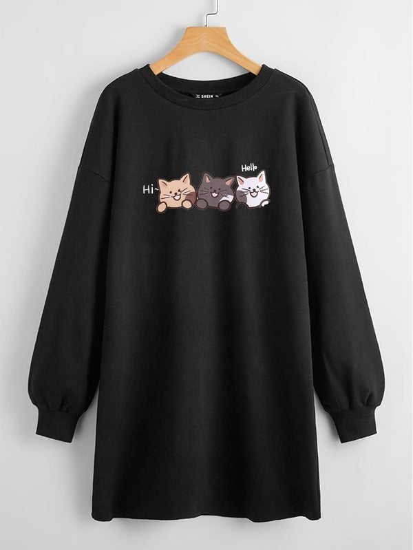 LONG LENGTH SWEATSHIRT BLACK HI HELLO CATS