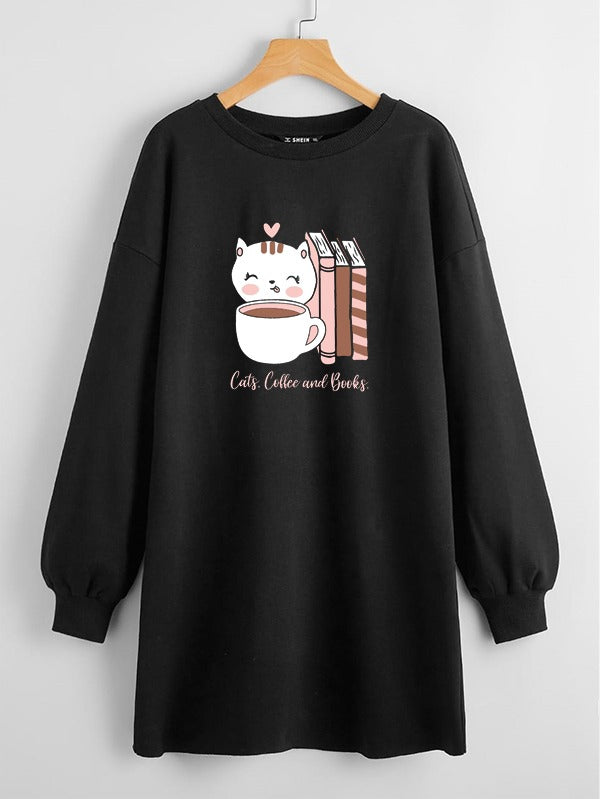 LONG LENGTH SWEATSHIRT BLACK CATS COFFEE BOOKS