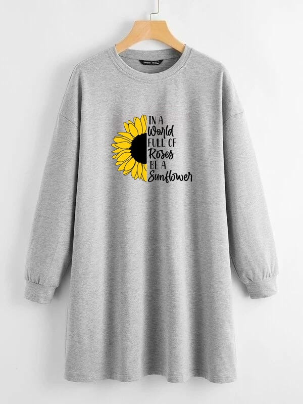 LONG LENGTH SWEATSHIRT GREY ROSES BE A SUNFLOWER