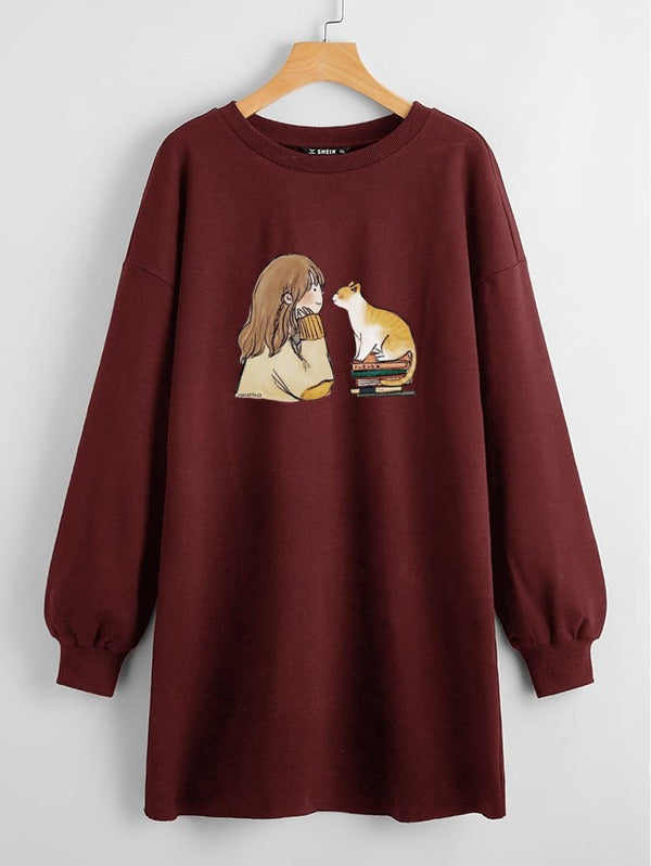 LONG LENGTH SWEATSHIRT MAROON GIRL CAT BOOKS