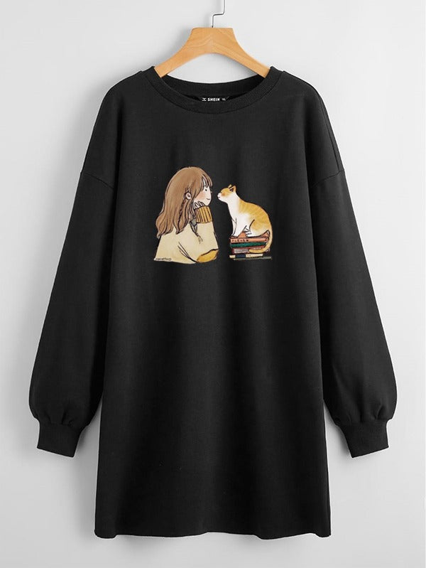 LONG LENGTH SWEATSHIRT BLACK GIRL CAT BOOKS