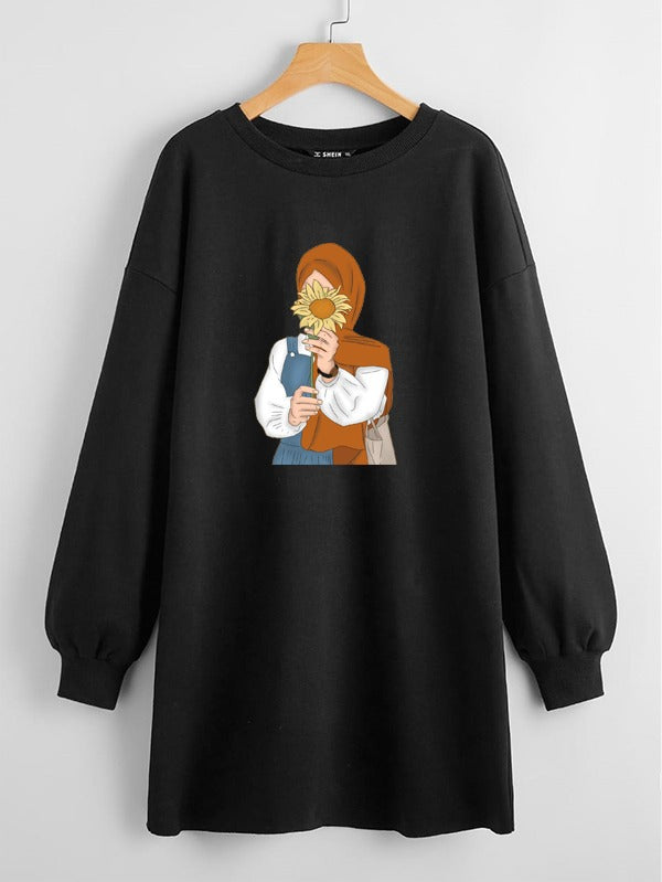 LONG LENGTH SWEATSHIRT BLACK GIRL SCARF SUNFLOWER