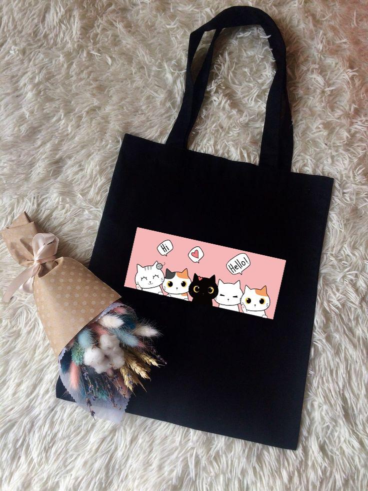 HI HELLOO CATS TOTE BAG BLACK