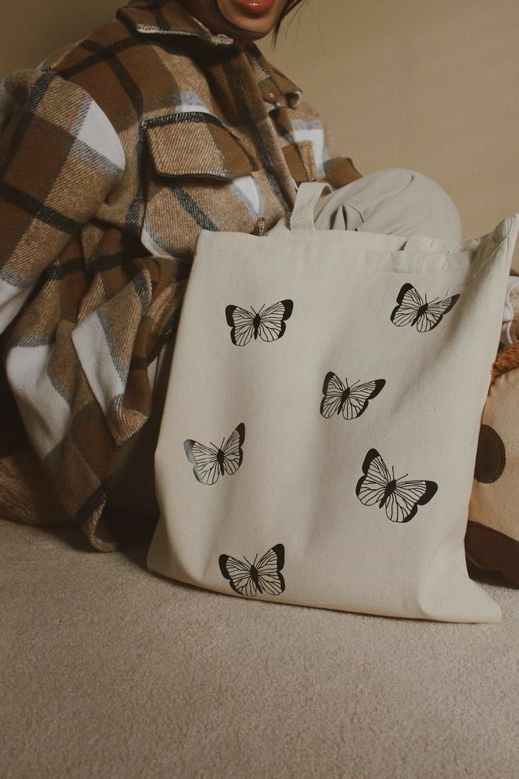 BLACK BUTTERFLIES TOTE BAG BEIGE