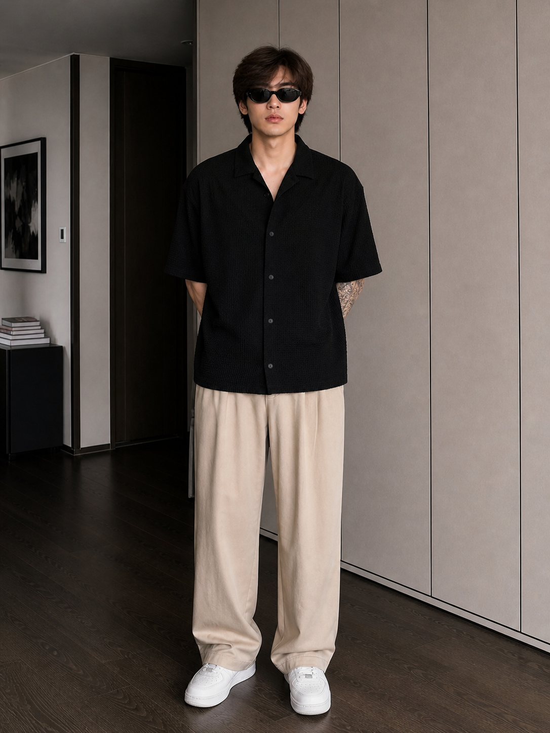 Black Waffle Knit Button Down Shirt