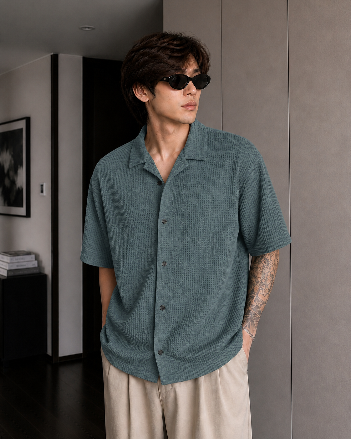 Seige Waffle Knit Button Down Shirt