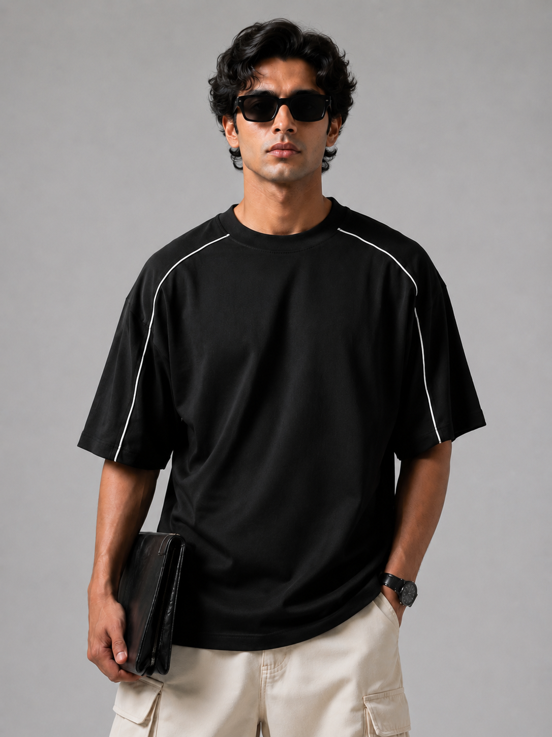 Sporty Piping Oversize Tshirt Black
