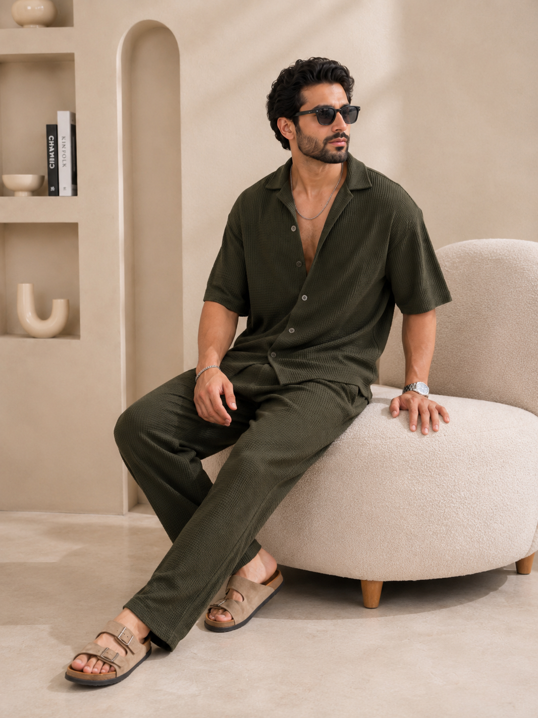 Loose Fit Men's Button Shirt & Pants Set Commando Green
