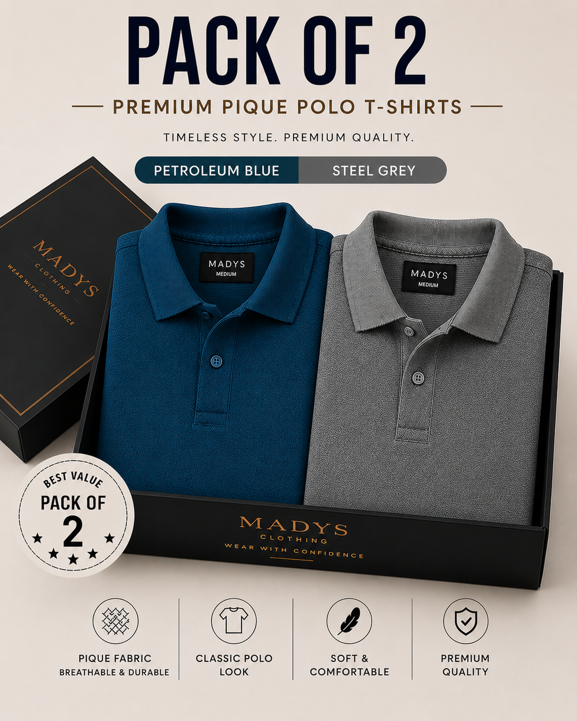 Pack Of Two Pique Polo Tshirts Steel Grey - Petroleum Blue