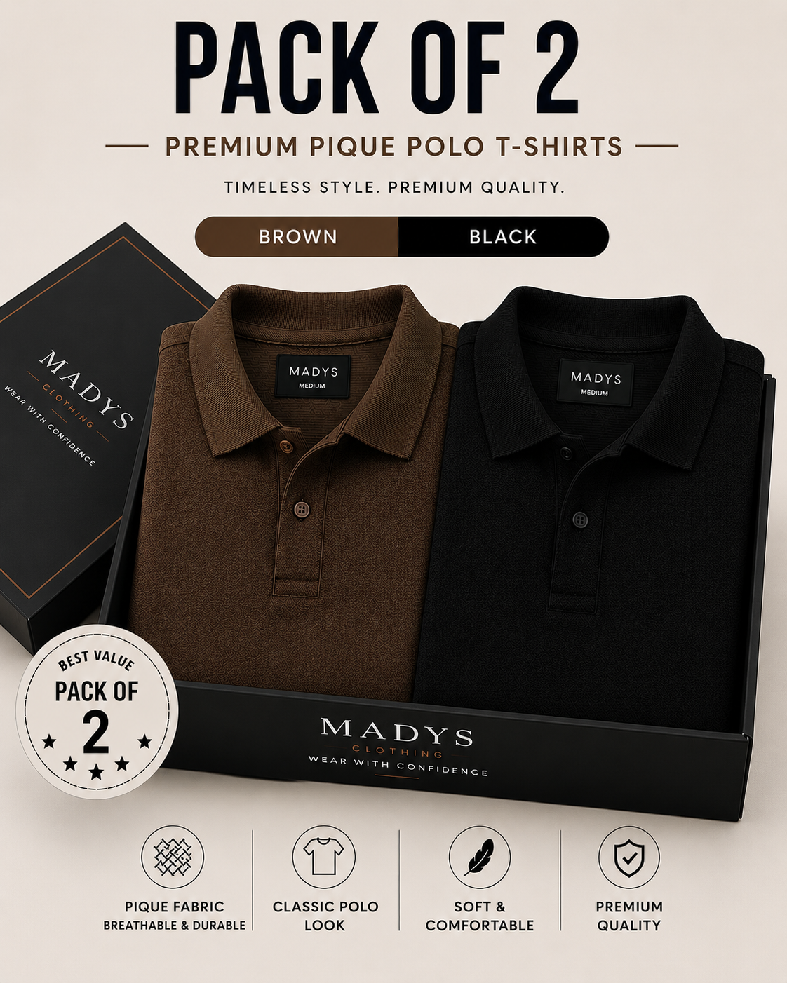 Pack Of Two Pique Polo Tshirts Black - Brown