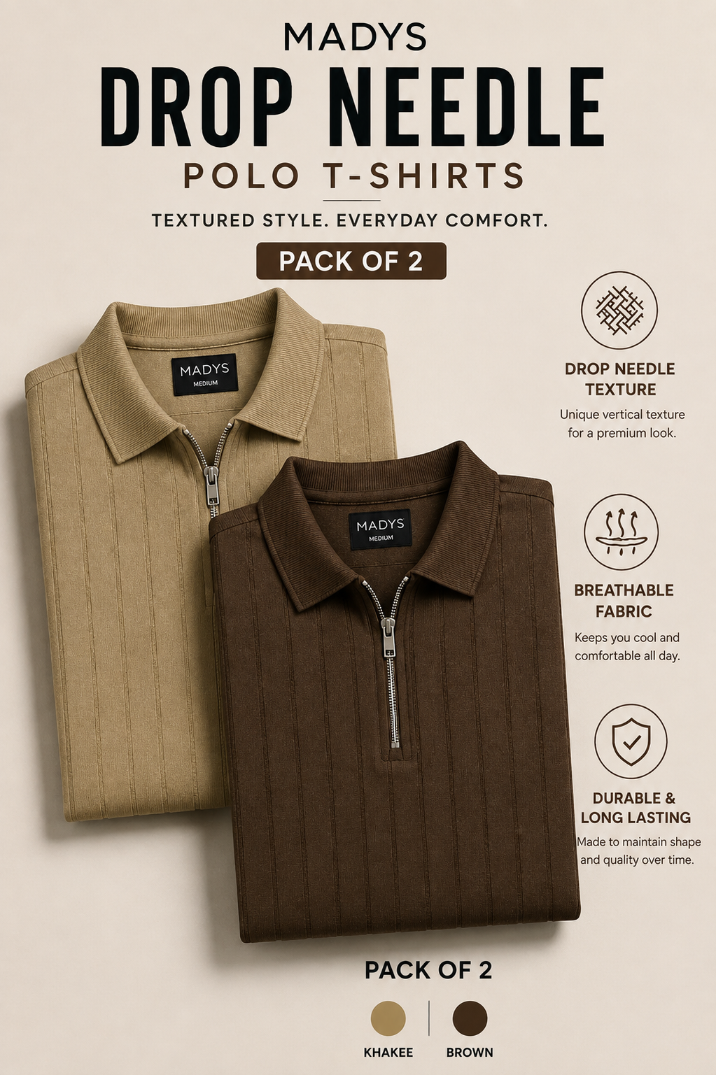 Pack Of Two Drop Needle Polo Tshirts Brown - Khakee