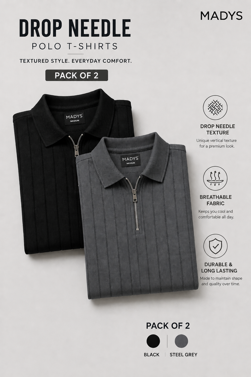 Pack Of Two Drop Needle Polo Tshirts Black - Steel Grey