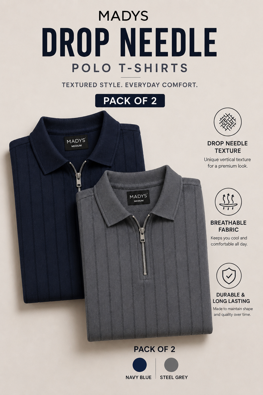 Pack Of Two Drop Needle Polo Tshirts Navy Blue - Steel Grey