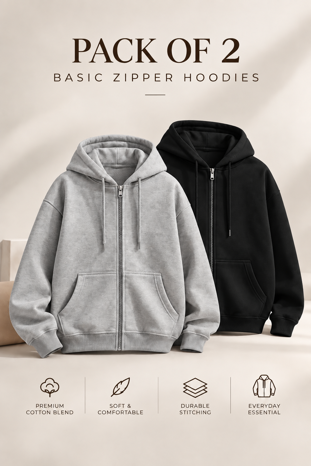Pack of Two Basic Zipper Hoodies Black - H.grey