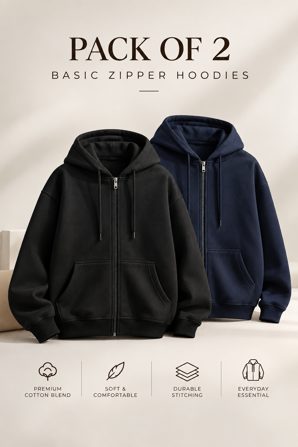 Pack of Two Basic Zipper Hoodies Navy - Black