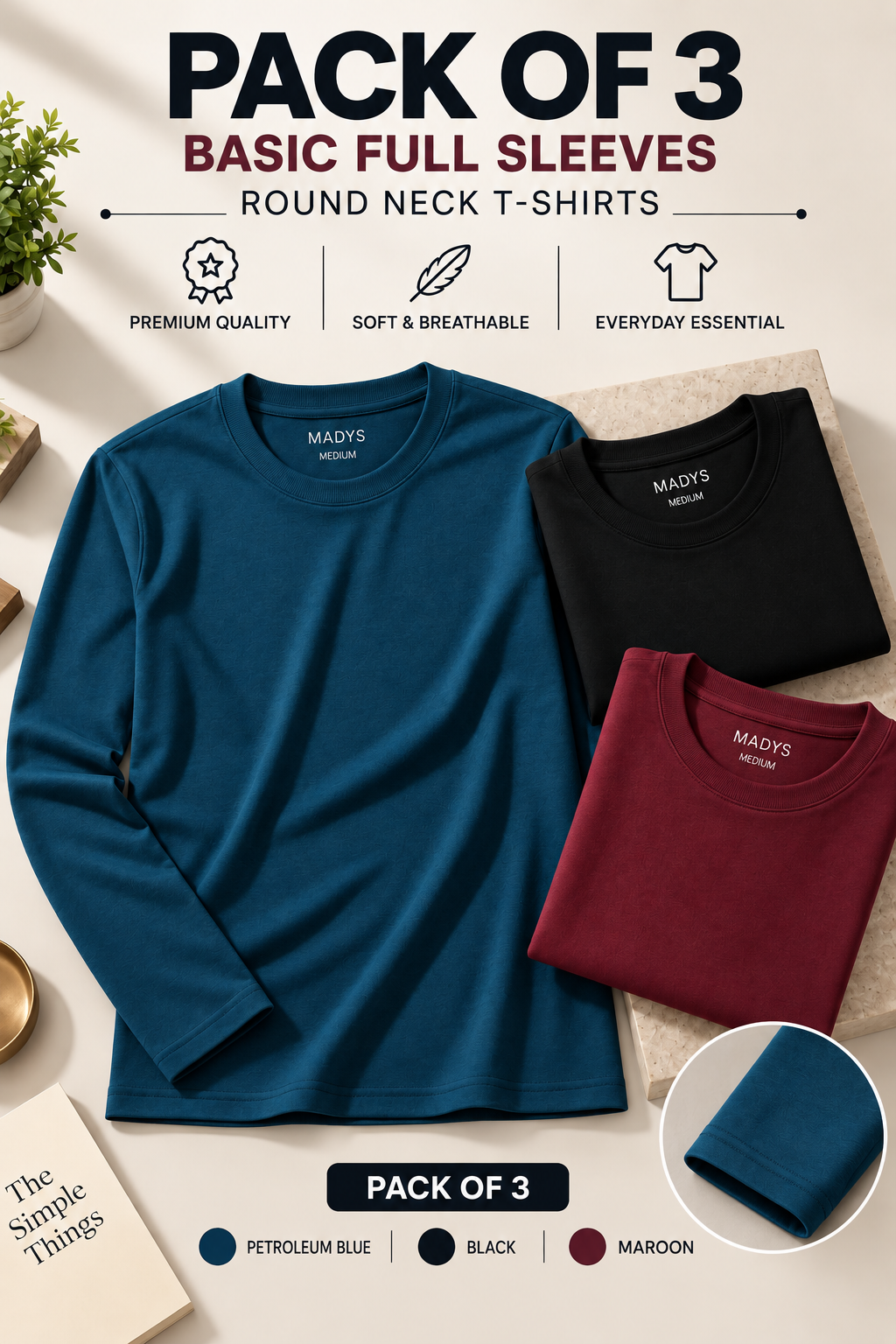 Pack Of Three Basic Fullsleeves Tshirts Black - Maroon - Petroleum