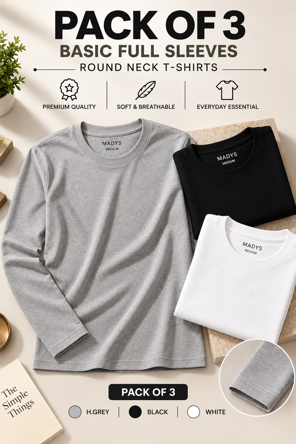 Pack Of Three Basic Fullsleeves Tshirts Black - H.Grey - White