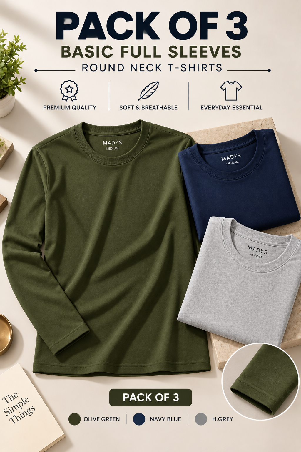 Pack Of Three Basic Fullsleeves Tshirts Olive - H.Grey - Navy